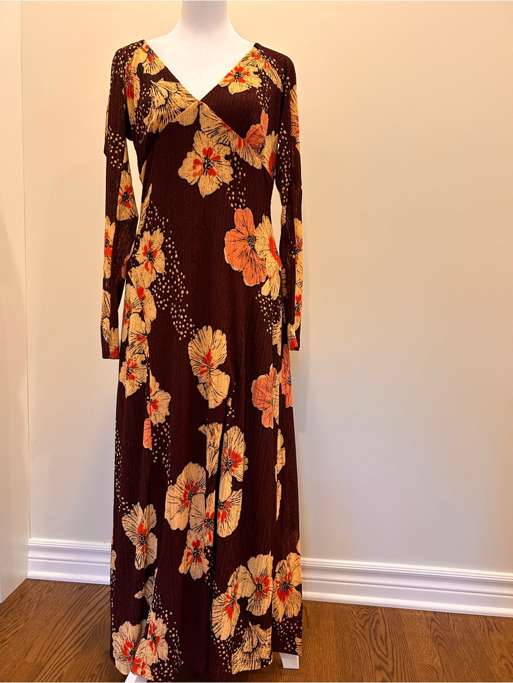Free People Maxi Dress Burgundy and Gold Floral Print Womens Large